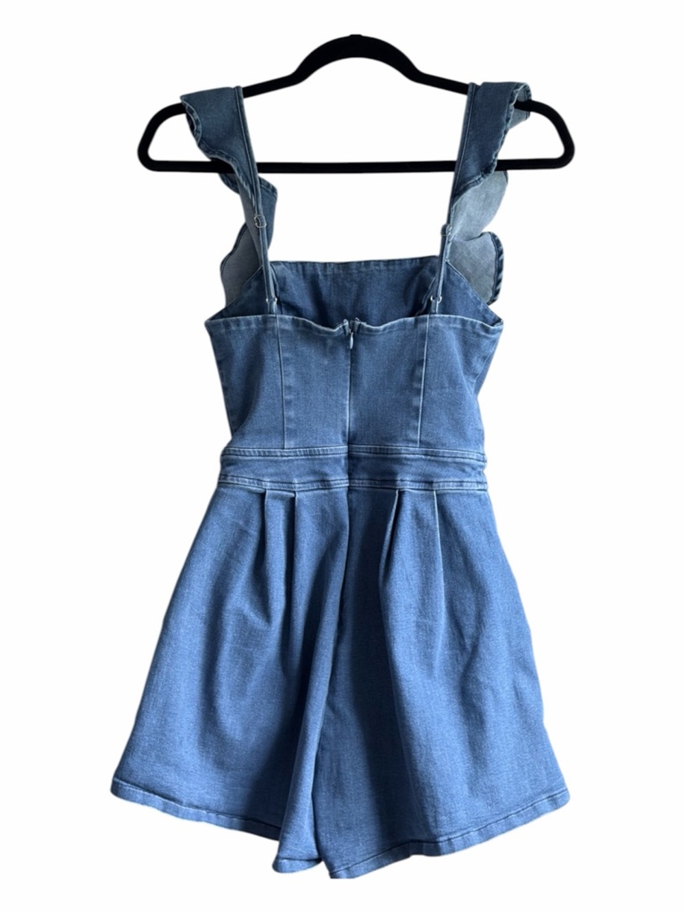 Angel Biba Denim Ruffle Strap Romper Blue Pleated Shorts Adjustable Strap Size S - Picture 2 of 7